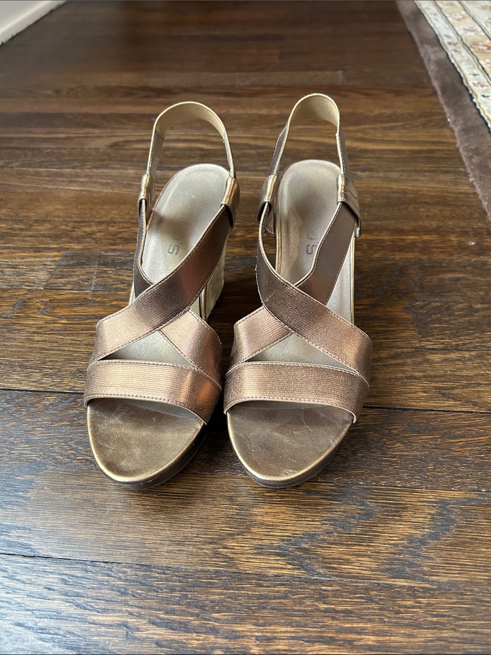 Chico's Metallic Bronze Cross‑Strap Slingback Wedge Sandals